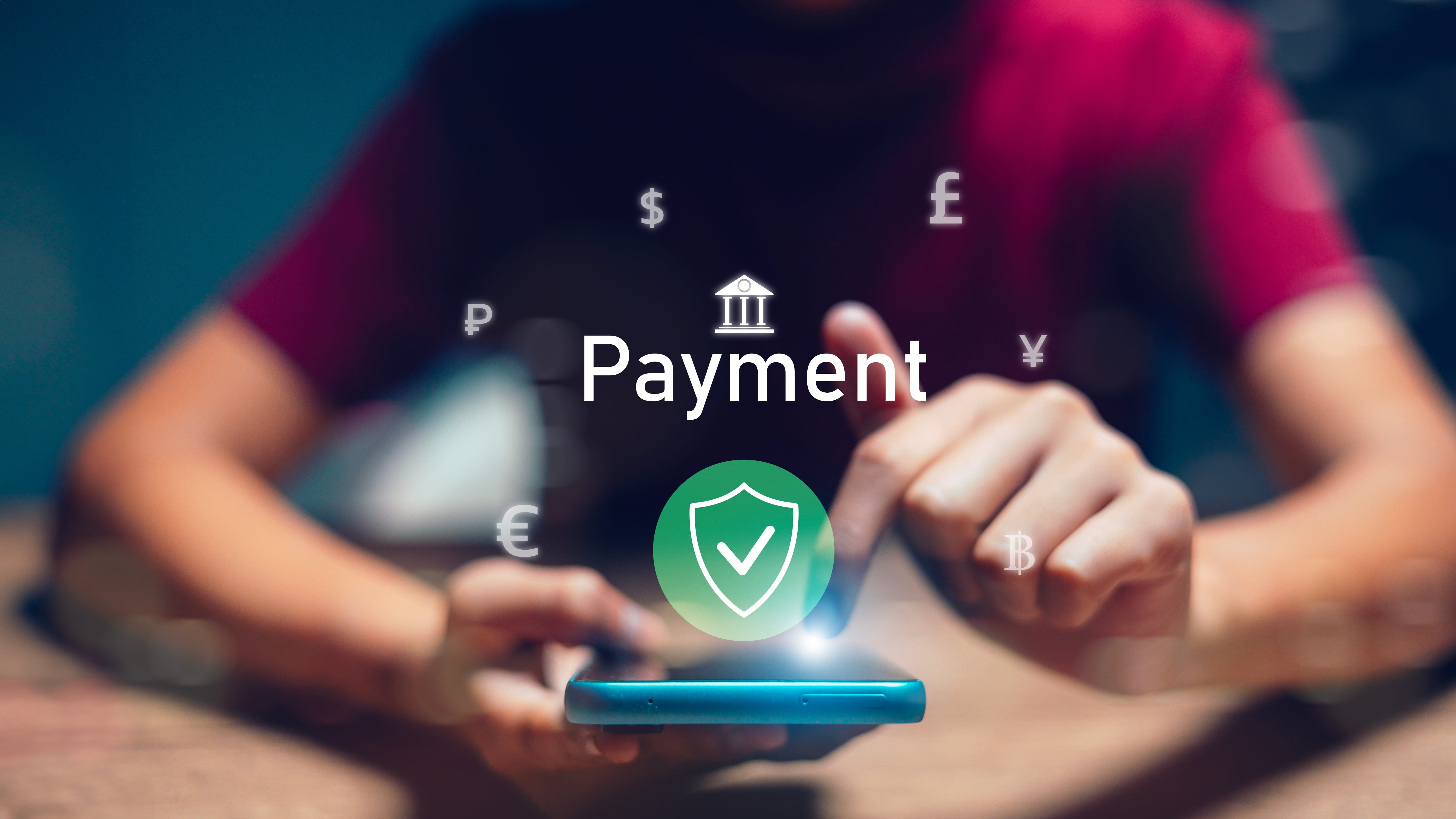 People using a smartphone for a secure digital payment across multiple currencies.