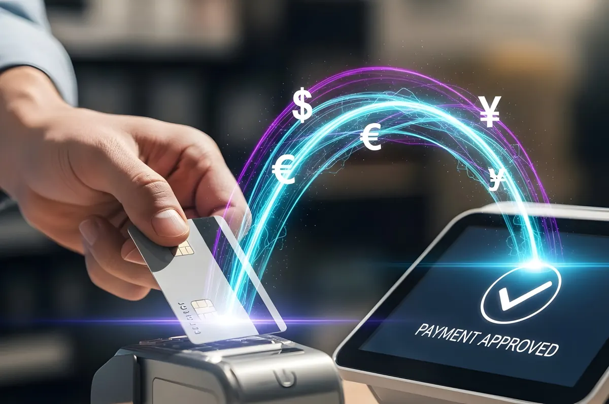 Payment service providers enabling global card tap transactions with a PAYMENT APPROVED screen.