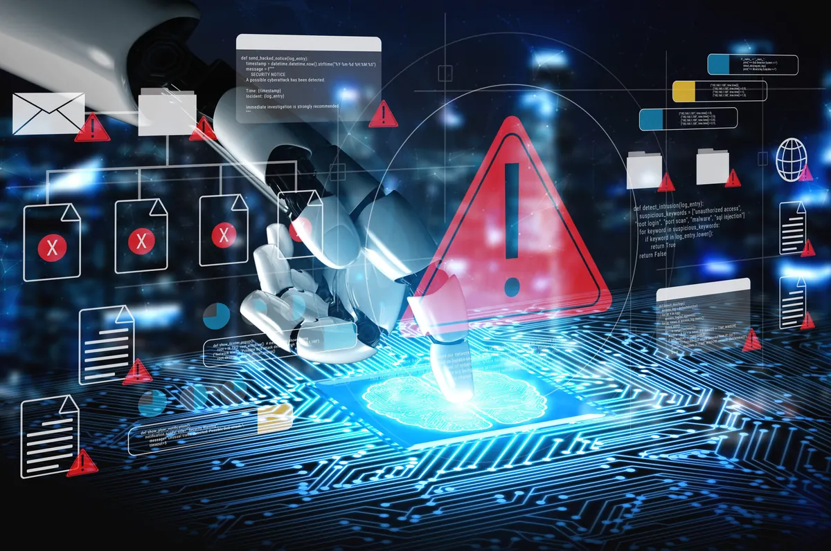 Conceptual interface showing machine learning fraud detection as an AI hand identifies digital threats.