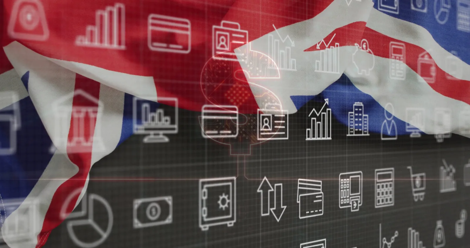 Union Jack flag over a fintech dashboard representing UK enterprise payment orchestration.