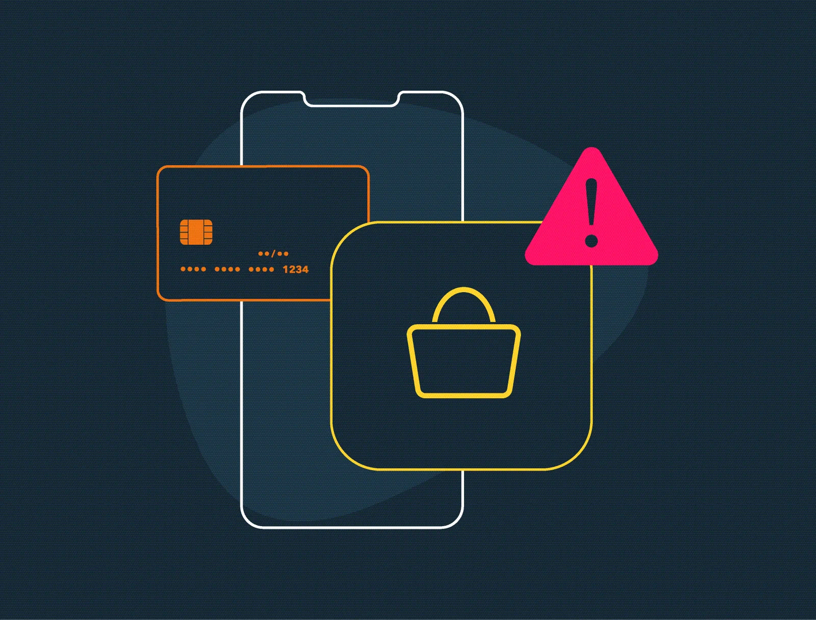 Fraud prevention illustration with a payment card, wallet, phone, and warning symbol.
