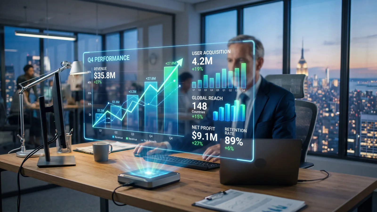 Enterprise finance leader reviewing global performance dashboard in a high-rise corporate office