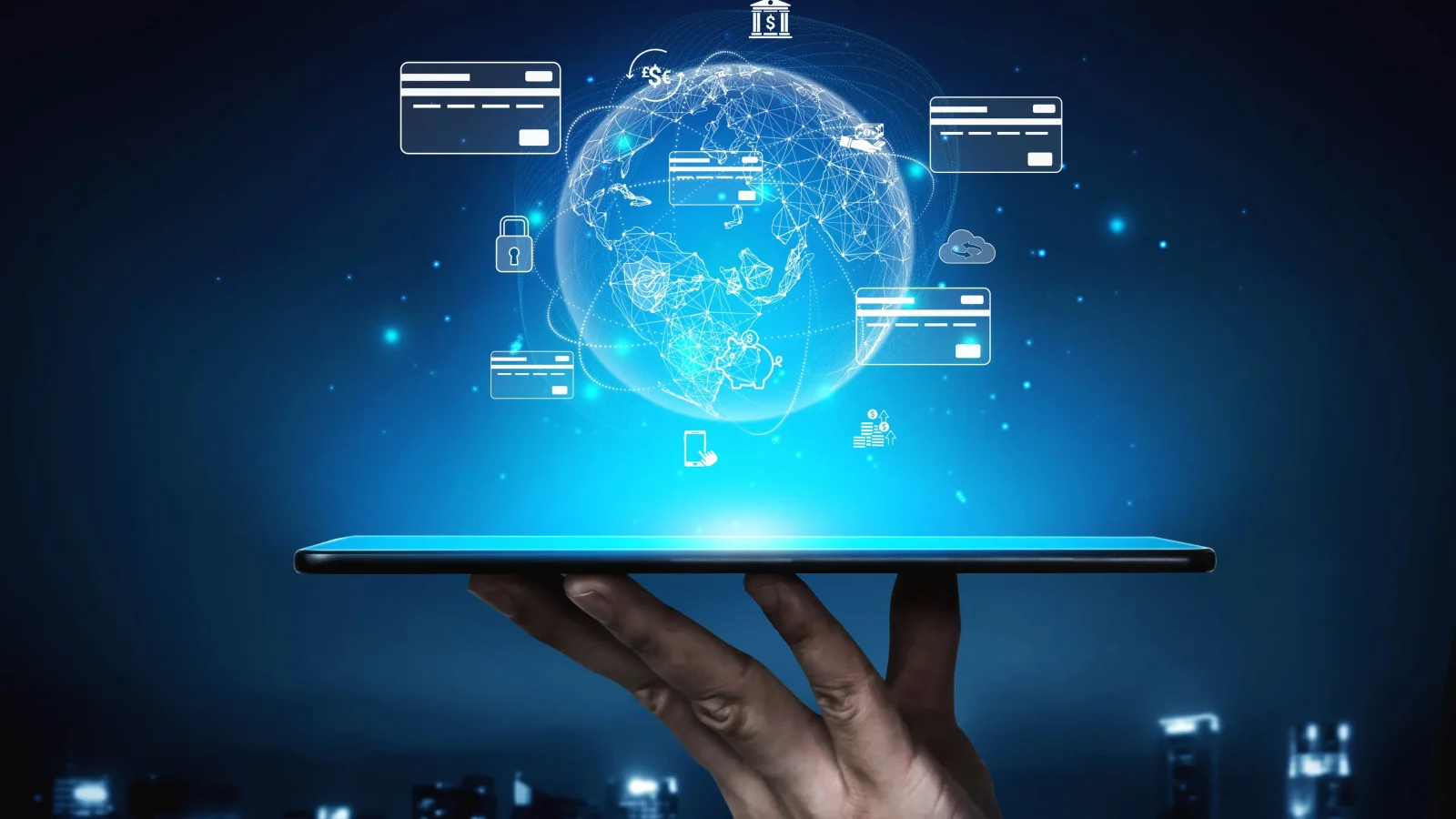 Hand holding tablet displaying holographic globe with payment method icons representing unified payment orchestration