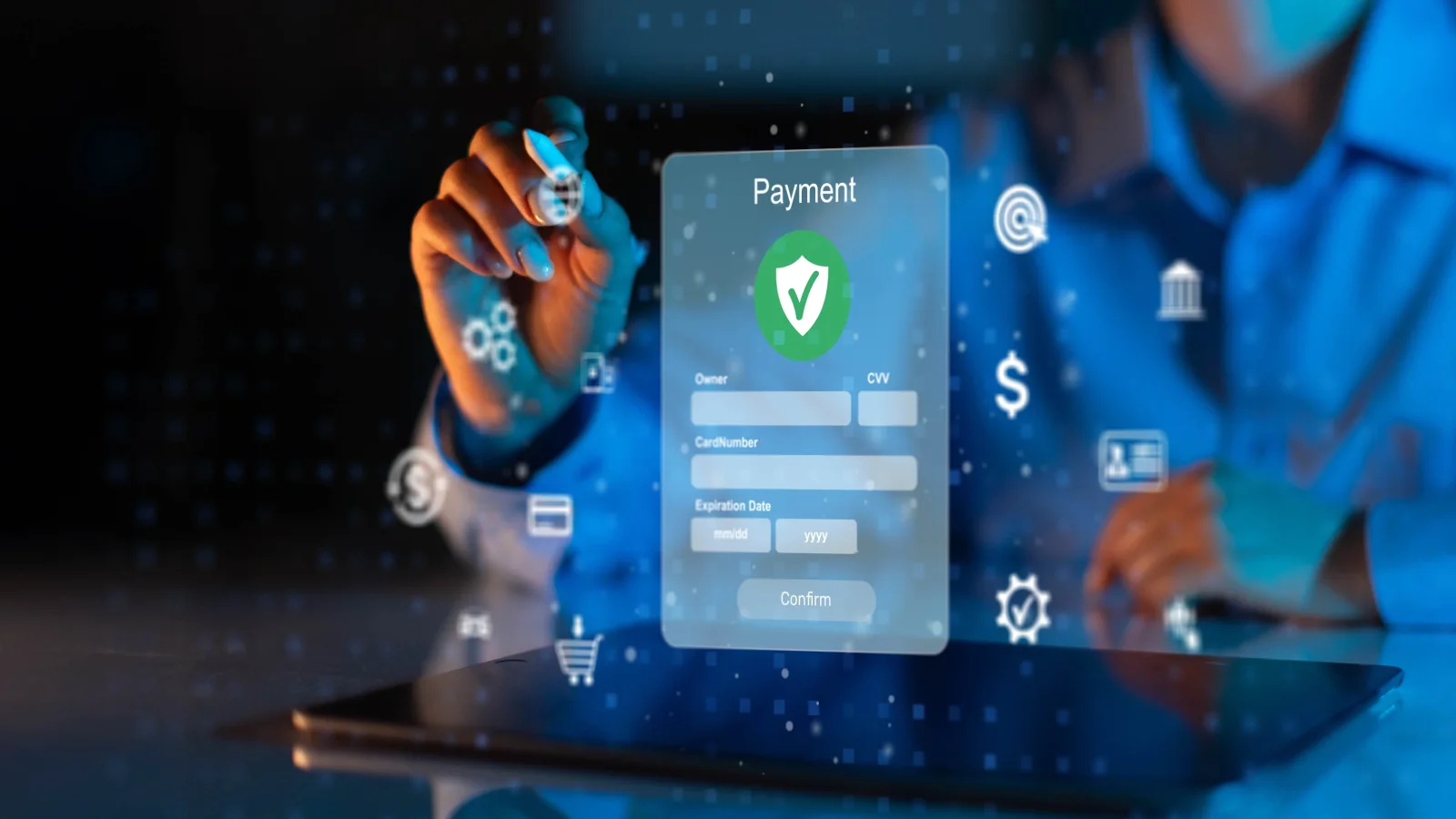 Holographic secure payment form interface above a tablet representing digital payment gateway technology