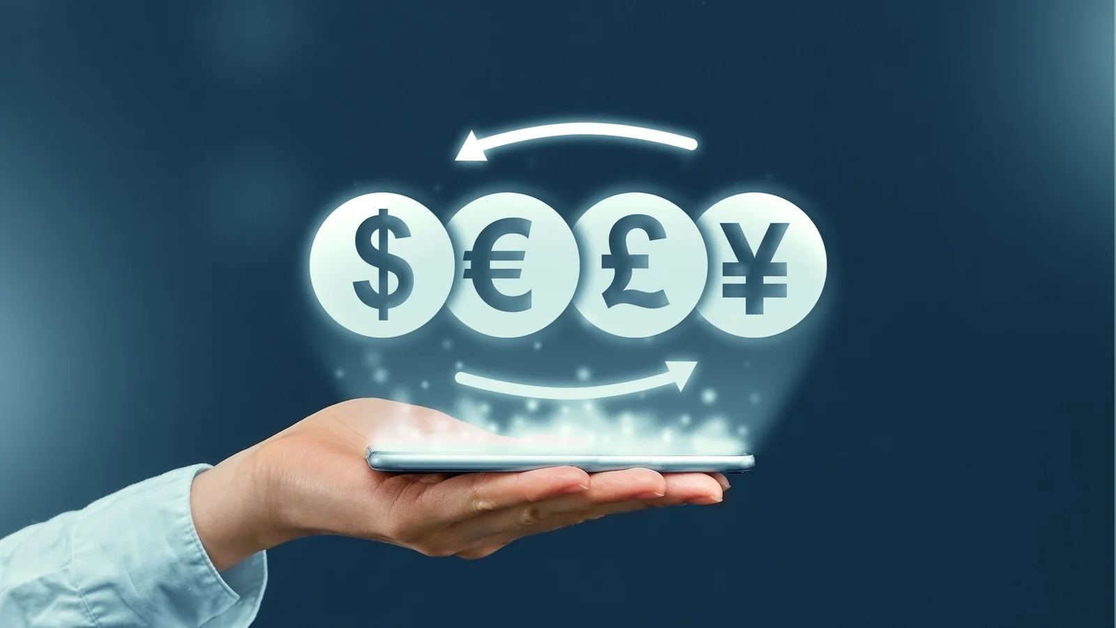 Digital display of dollar, euro, pound, and yen currencies above a smartphone.