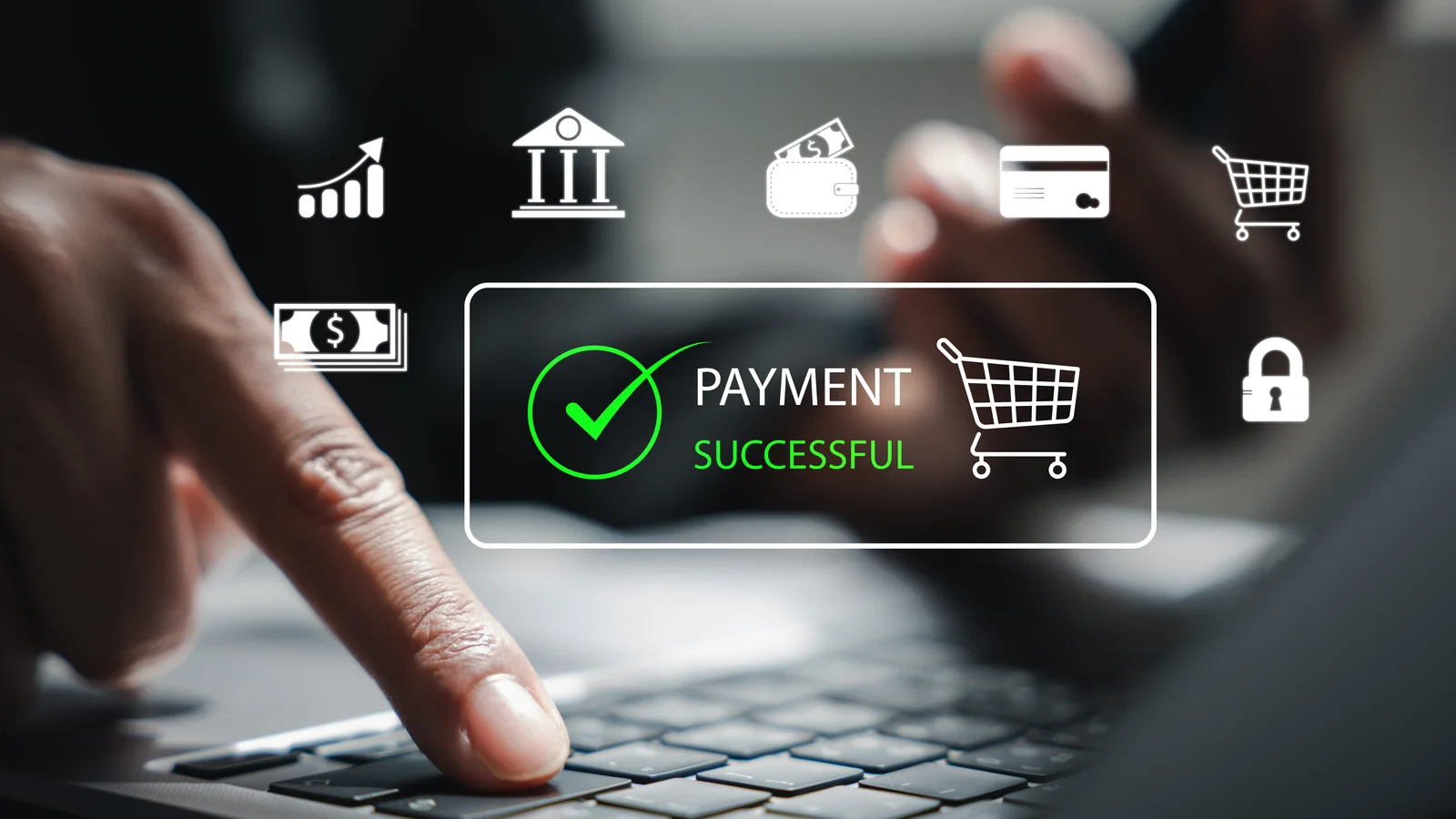 Successful online payment interface with checkout and financial service icons.