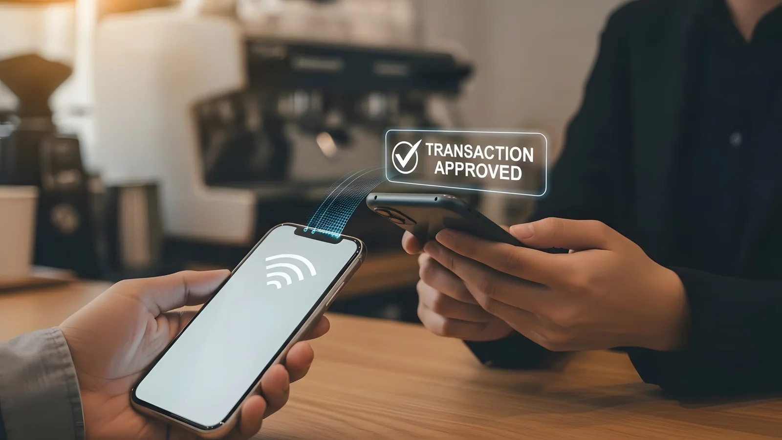 Two smartphones completing a contactless payment with a transaction approved message.