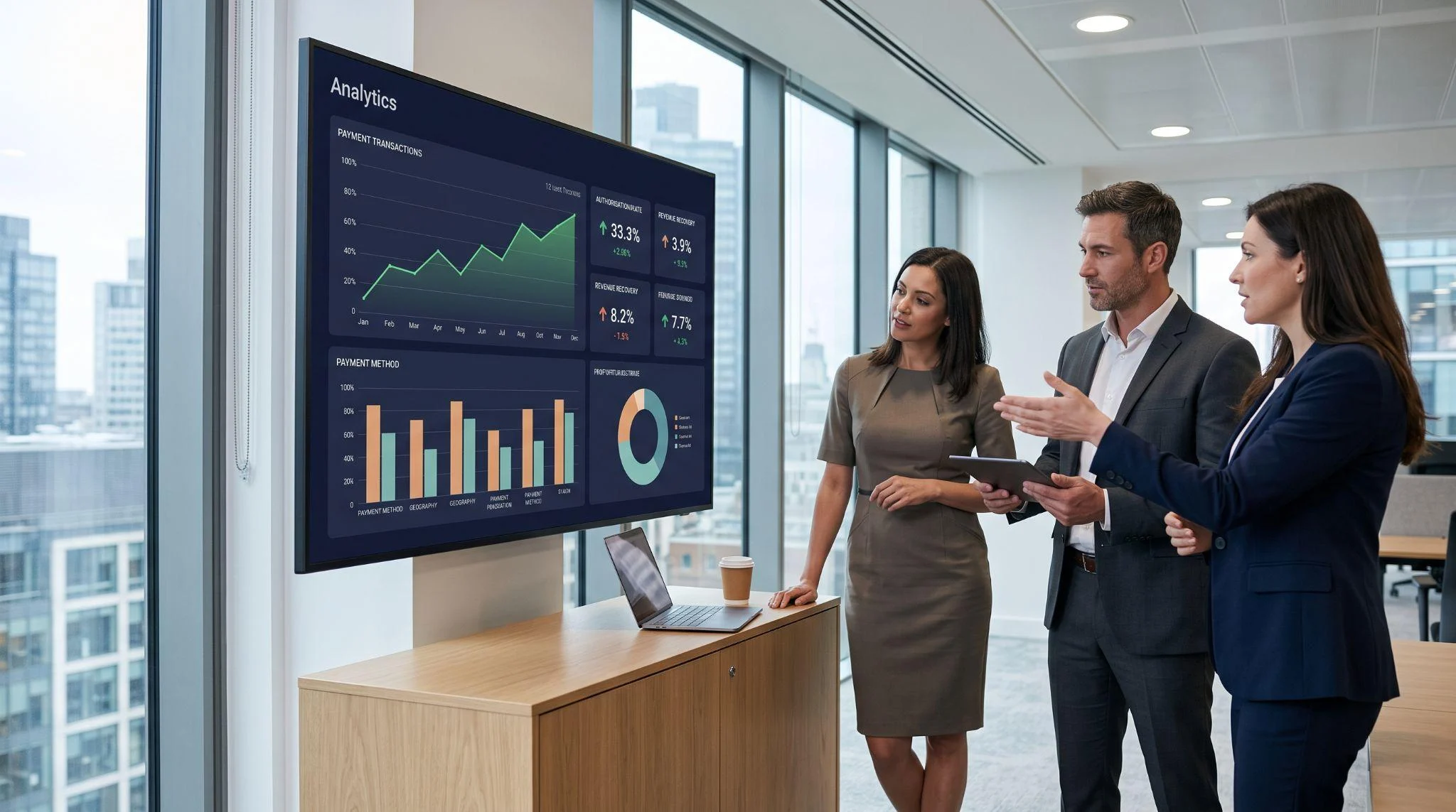 UK enterprise finance team reviewing payment transaction authorisation data on a large analytics dashboard in a modern office