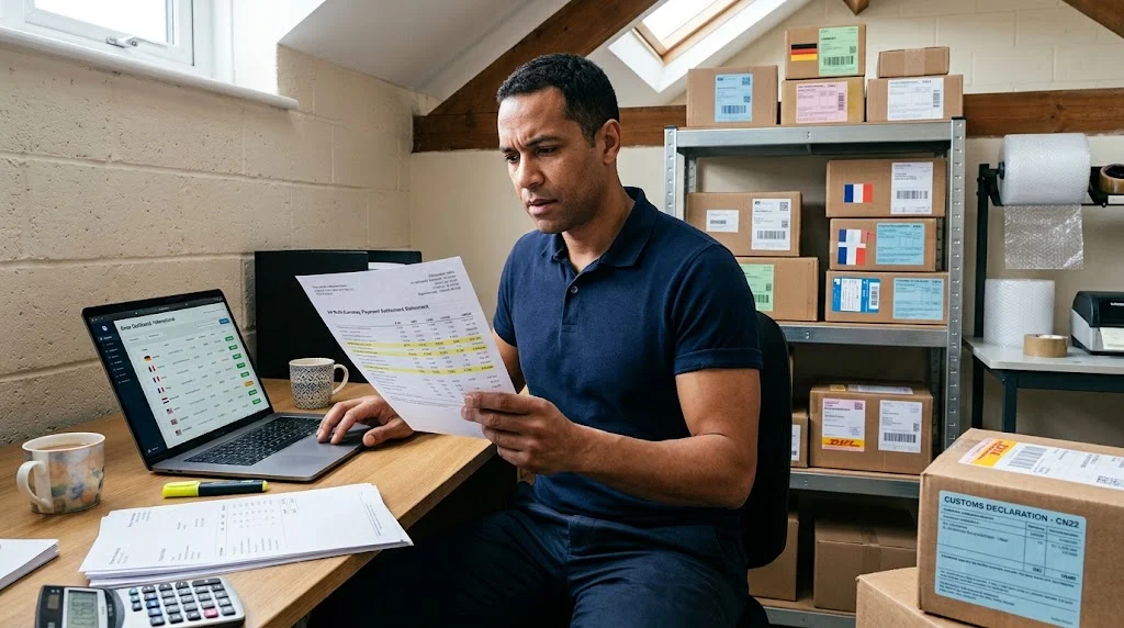 UK ecommerce business owner comparing payment settlement statement against international orders at a desk with cross-border shipping parcels