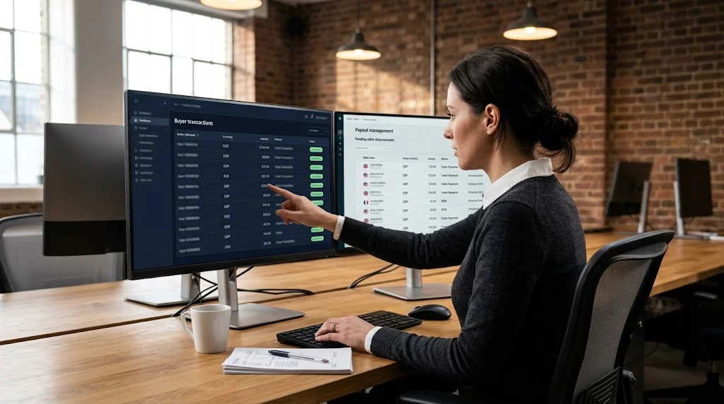 UK marketplace operations manager cross-referencing buyer payment transactions and seller payout schedules on dual monitors in a London co-working space with exposed brickwork and industrial lighting.