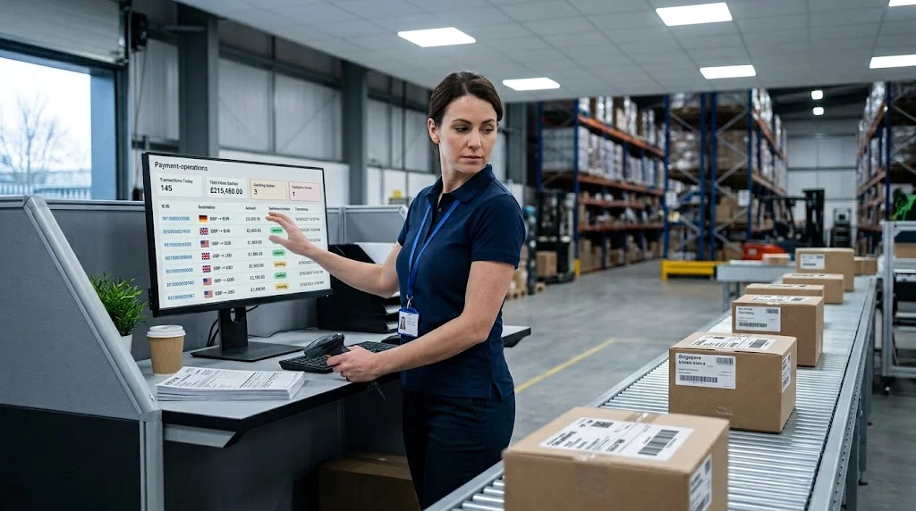 UK ecommerce operations manager reviewing live cross-border transaction settlements at a standing workstation inside a modern fulfilment warehouse with international shipping parcels on a conveyor line