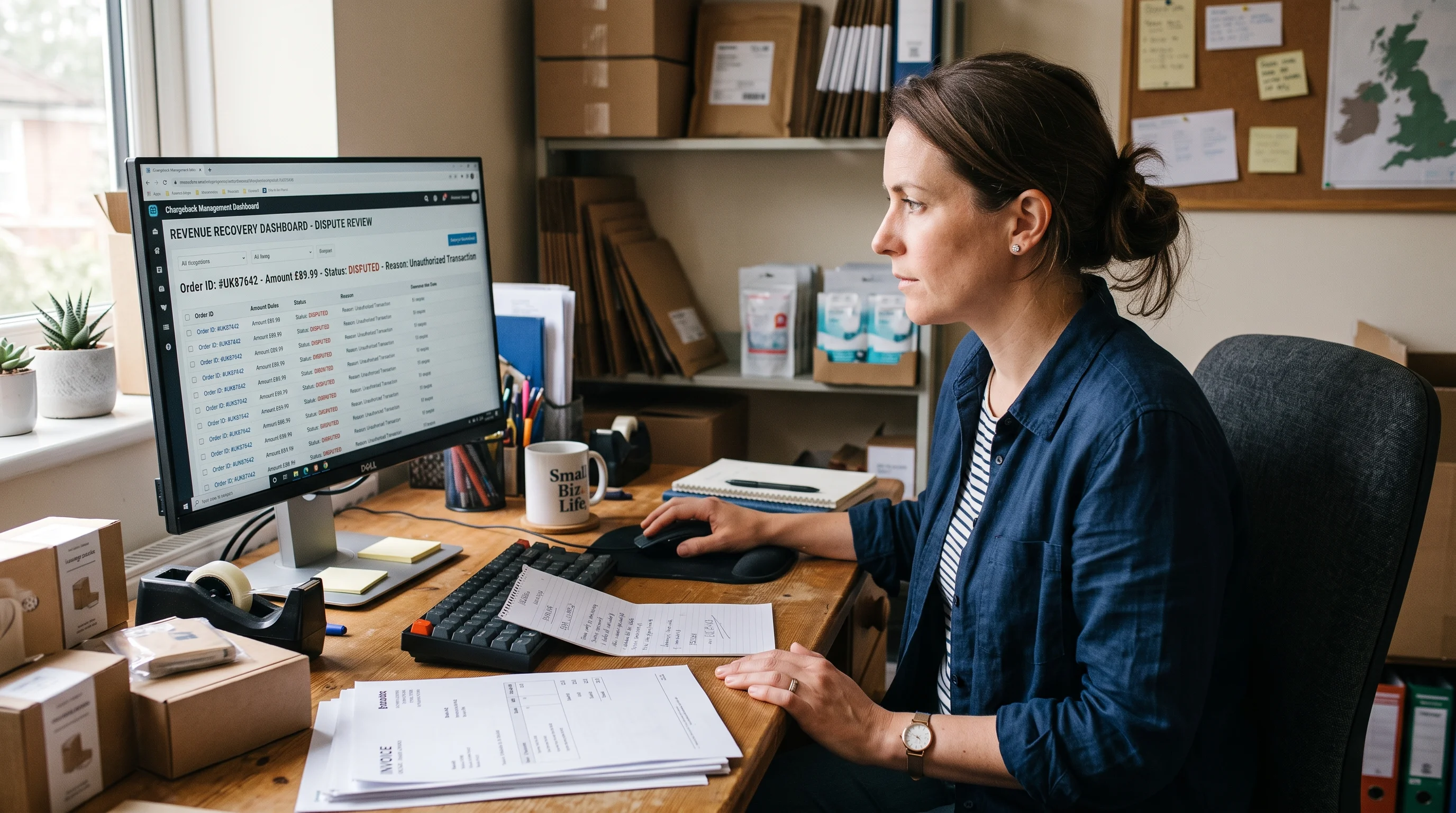 UK online merchant reviewing a chargeback dispute notification at their workstation