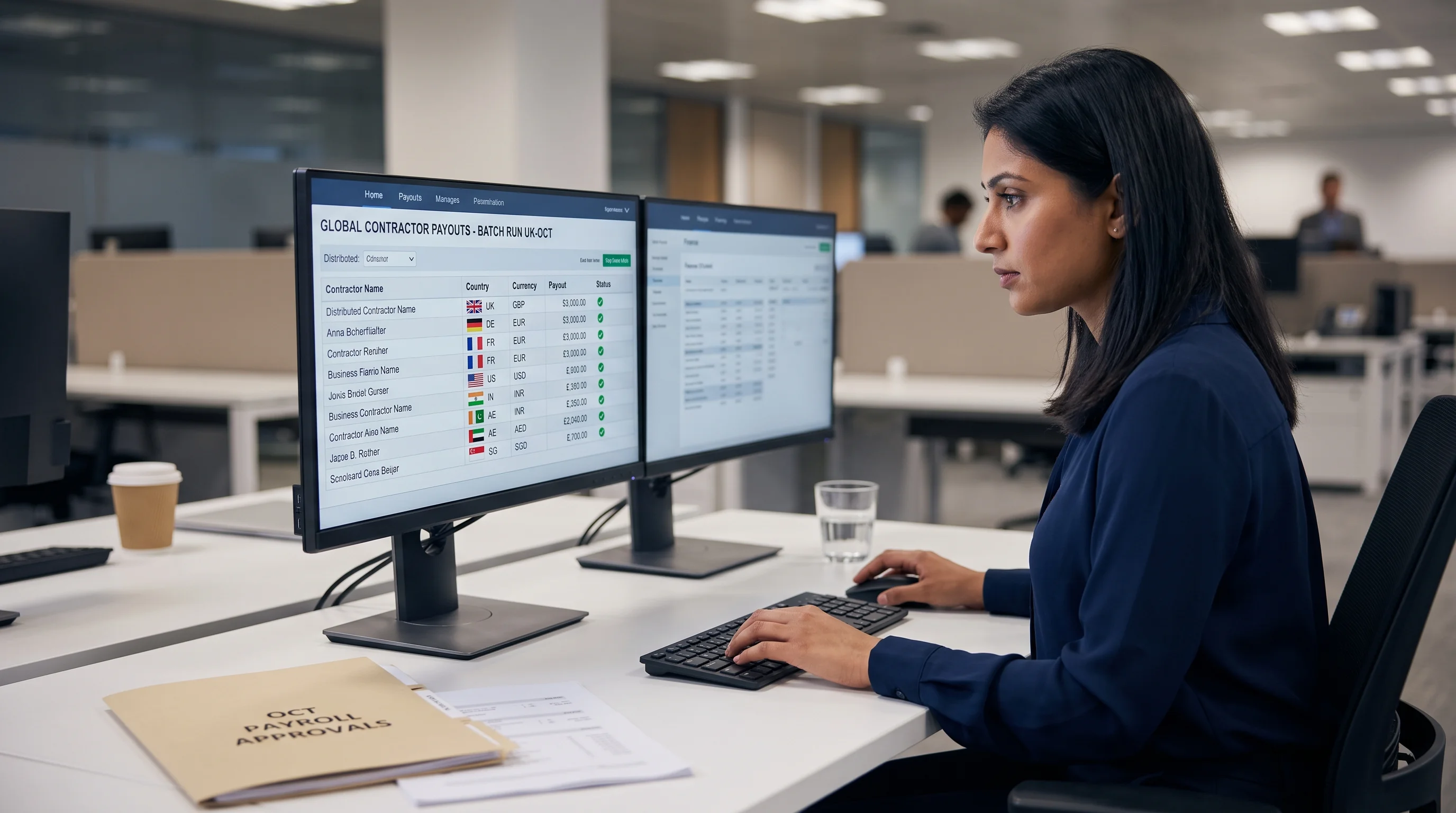 Payroll manager reviewing multi-country contractor batch payout on screen at UK office workstation
