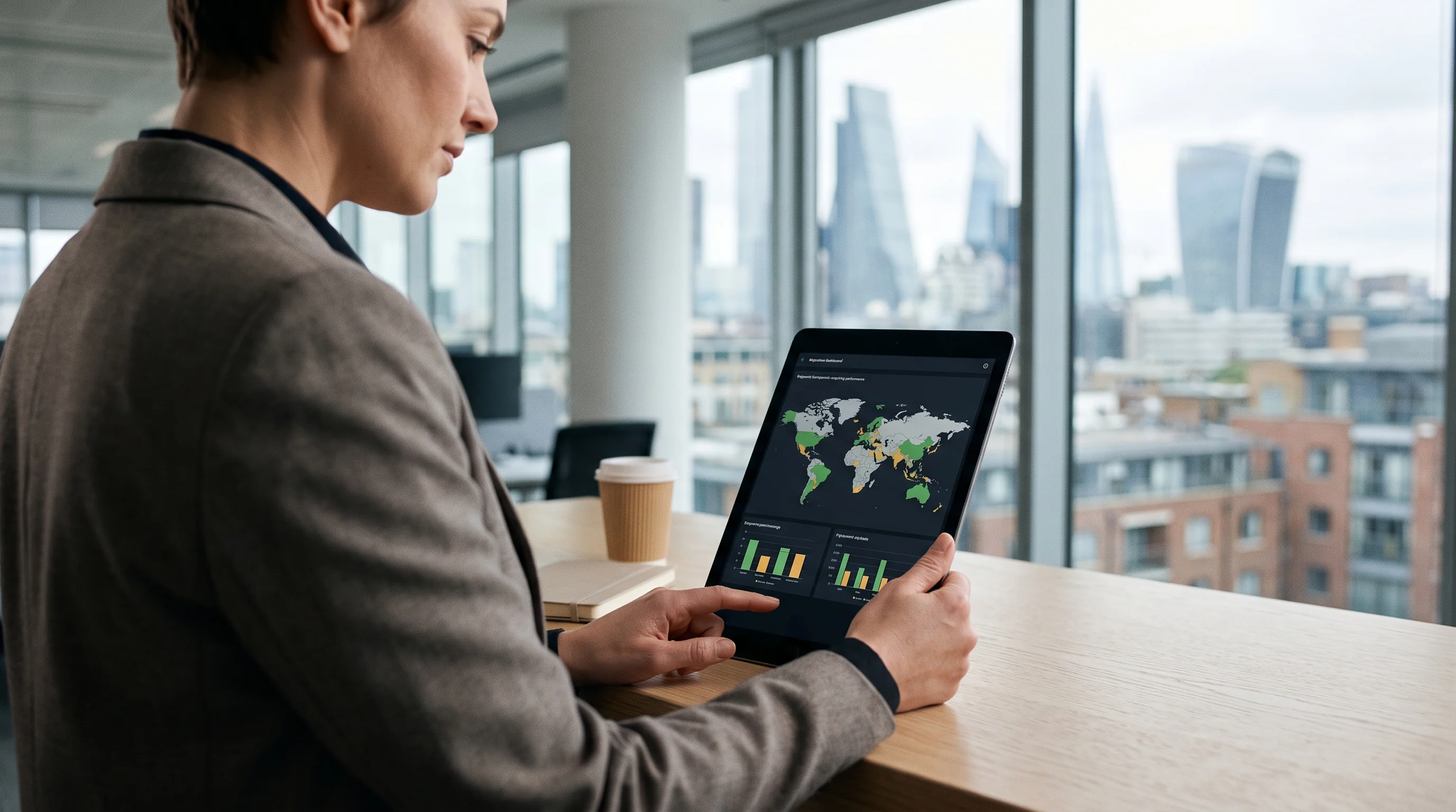 Payments professional reviewing geographic acquiring performance data on a tablet in a London office, with the City of London skyline visible through floor-to-ceiling windows