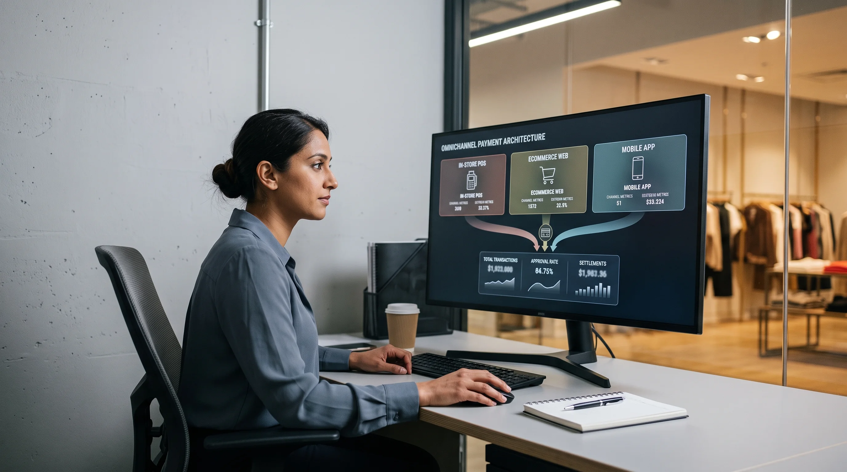 Payments operations manager reviewing unified omnichannel payment dashboard showing in-store, ecommerce and app channel panels on wide desktop monitor in retail back-office workstation